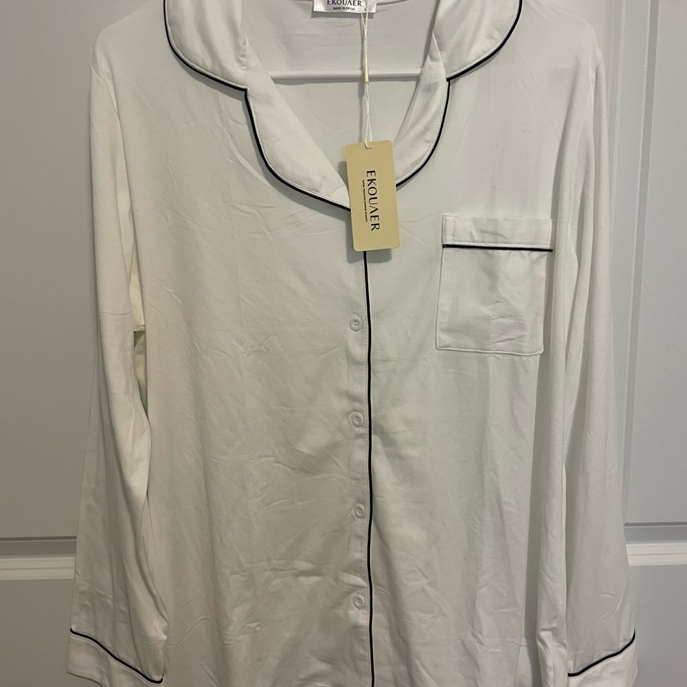 Women's White Pajama Set with Black Trim - Picture 2 of 3